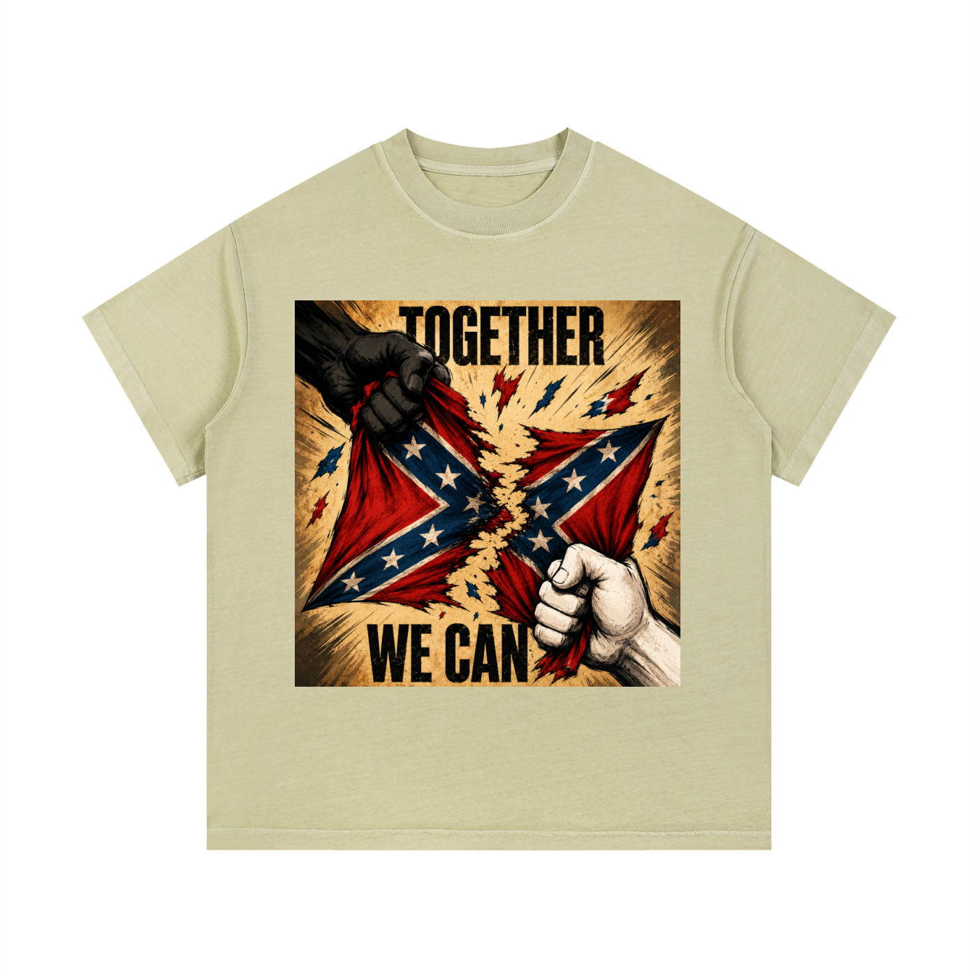 Vintage Wash Cotton T-Shirt - A bold unity graphic tee featuring distressed artwork, clenched fists, and the message “Together We Can.” Designed for those who believe progress starts when people stand together.