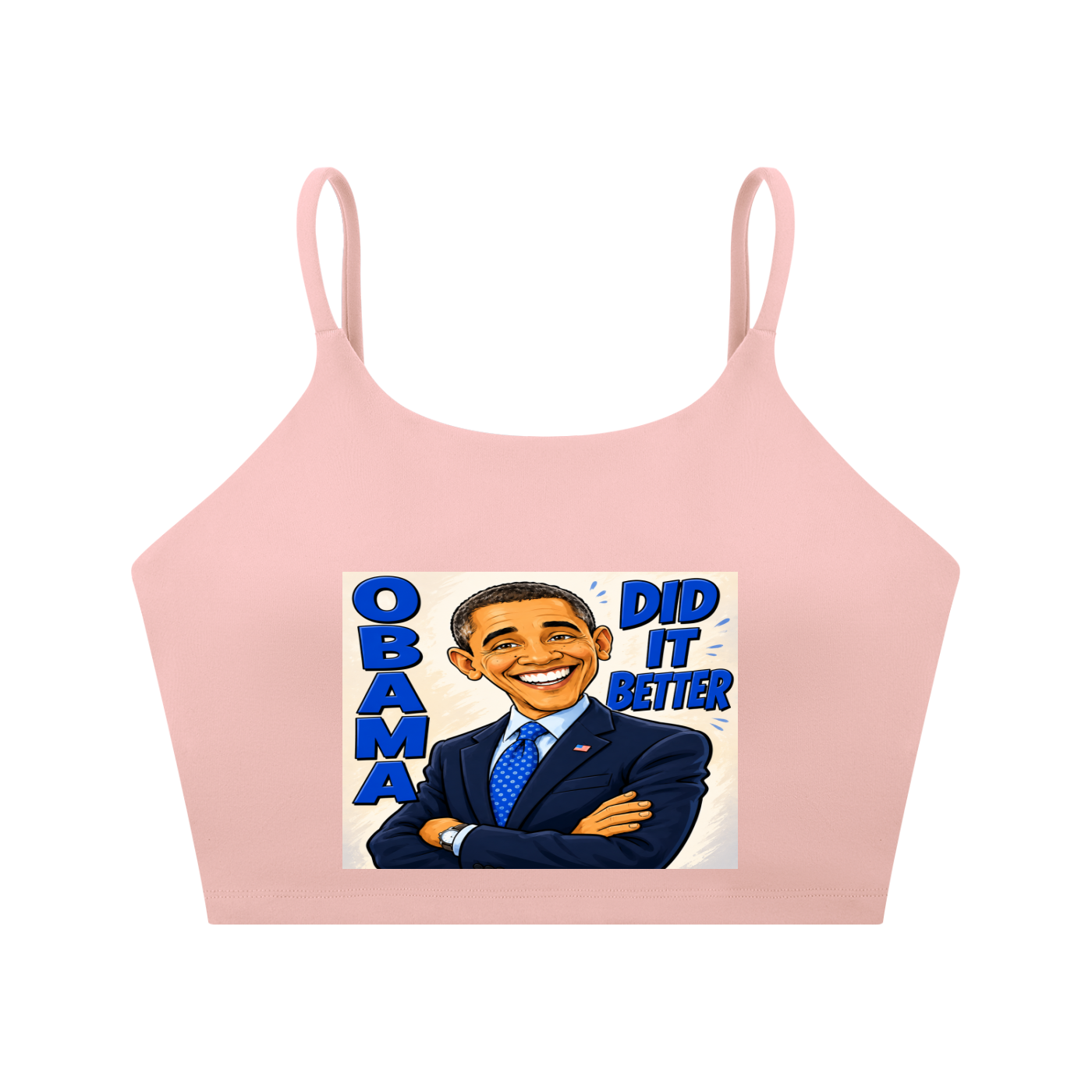 Spaghetti Strap Yoga Sports Bra - A bold comic-style Obama Did It Better graphic tee featuring bright blue lettering, a confident illustrated design, and a statement-making look perfect for everyday streetwear.