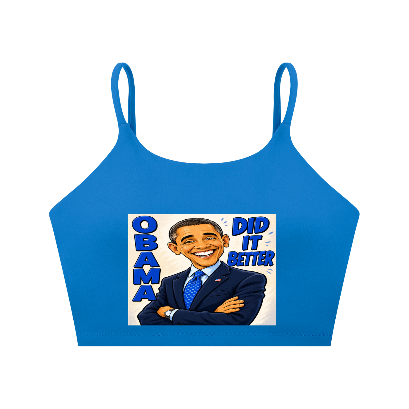 Spaghetti Strap Yoga Sports Bra - A bold comic-style Obama Did It Better graphic tee featuring bright blue lettering, a confident illustrated design, and a statement-making look perfect for everyday streetwear.