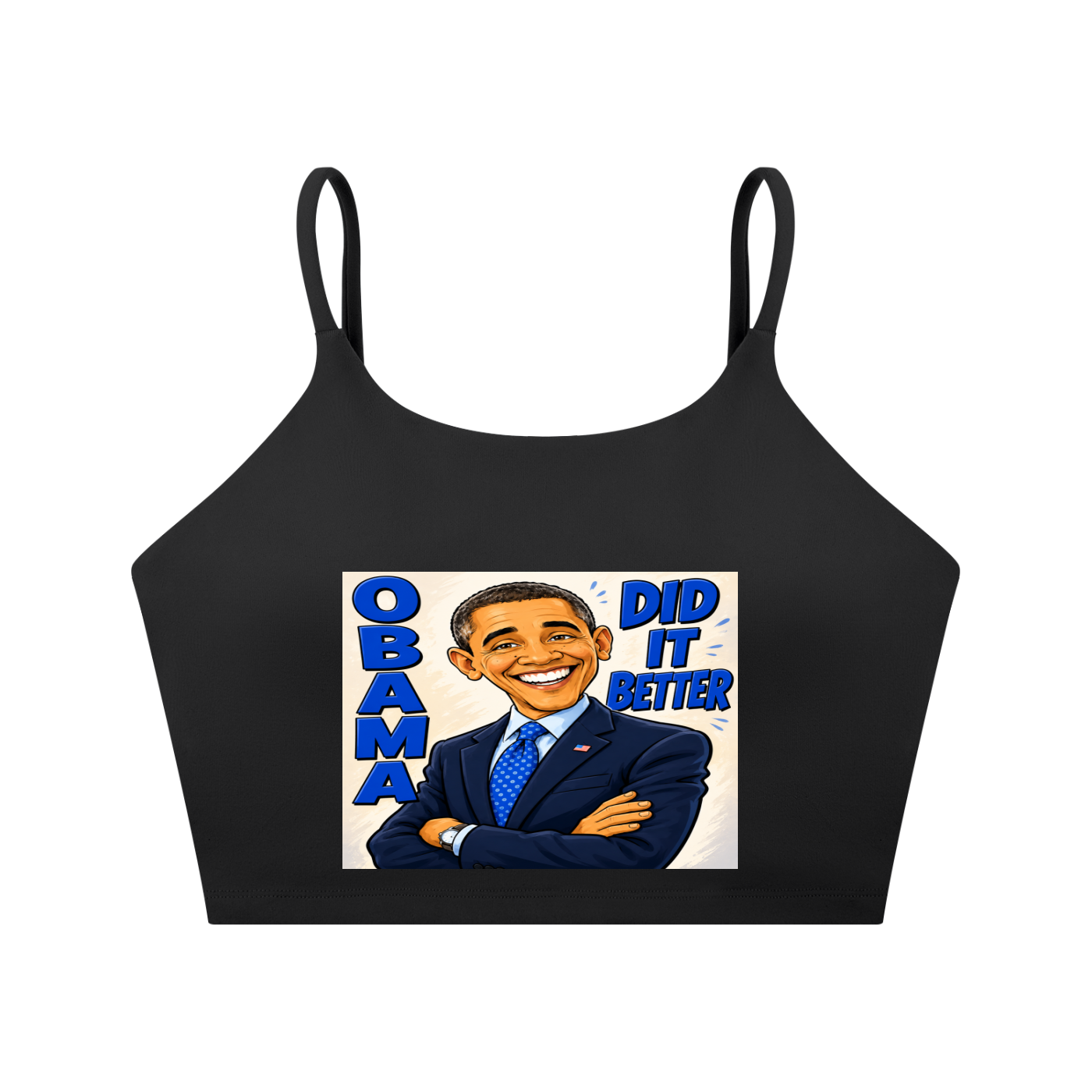 Spaghetti Strap Yoga Sports Bra - A bold comic-style Obama Did It Better graphic tee featuring bright blue lettering, a confident illustrated design, and a statement-making look perfect for everyday streetwear.