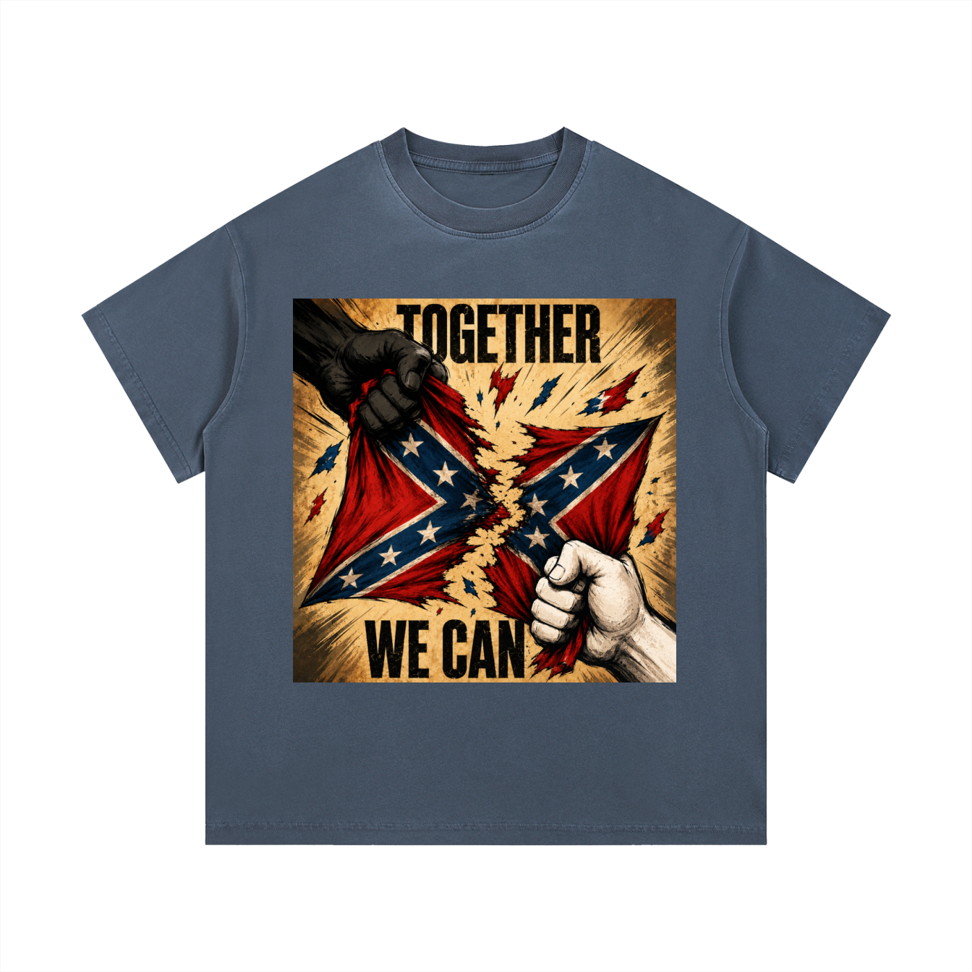 Vintage Wash Cotton T-Shirt - A bold unity graphic tee featuring distressed artwork, clenched fists, and the message “Together We Can.” Designed for those who believe progress starts when people stand together.
