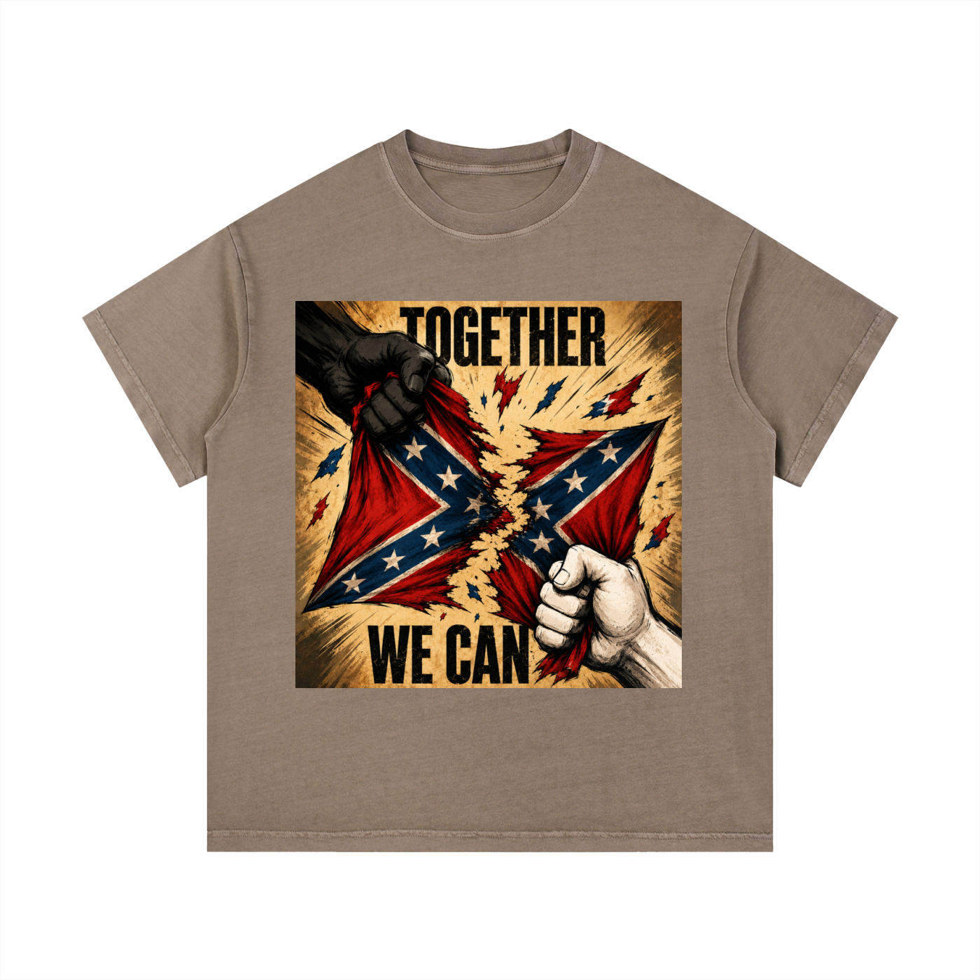 Vintage Wash Cotton T-Shirt - A bold unity graphic tee featuring distressed artwork, clenched fists, and the message “Together We Can.” Designed for those who believe progress starts when people stand together.