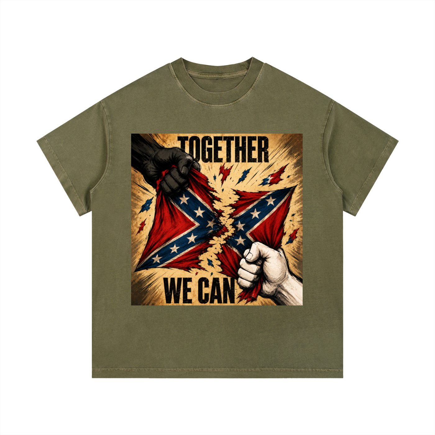 Vintage Wash Cotton T-Shirt - A bold unity graphic tee featuring distressed artwork, clenched fists, and the message “Together We Can.” Designed for those who believe progress starts when people stand together.
