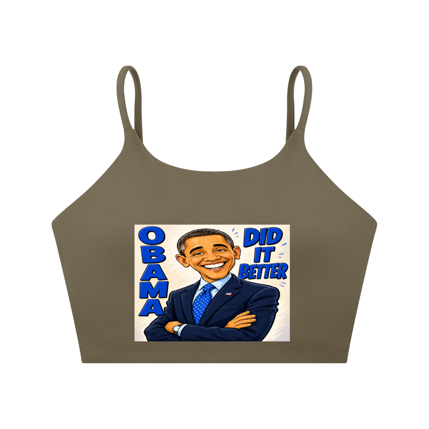 Spaghetti Strap Yoga Sports Bra - A bold comic-style Obama Did It Better graphic tee featuring bright blue lettering, a confident illustrated design, and a statement-making look perfect for everyday streetwear.