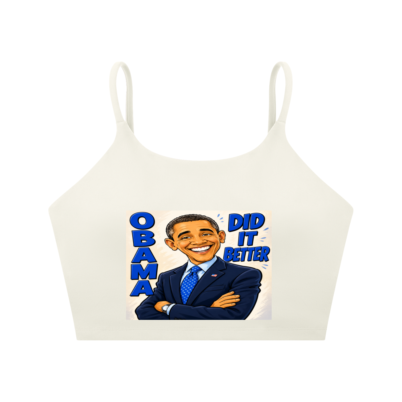 Spaghetti Strap Yoga Sports Bra - A bold comic-style Obama Did It Better graphic tee featuring bright blue lettering, a confident illustrated design, and a statement-making look perfect for everyday streetwear.