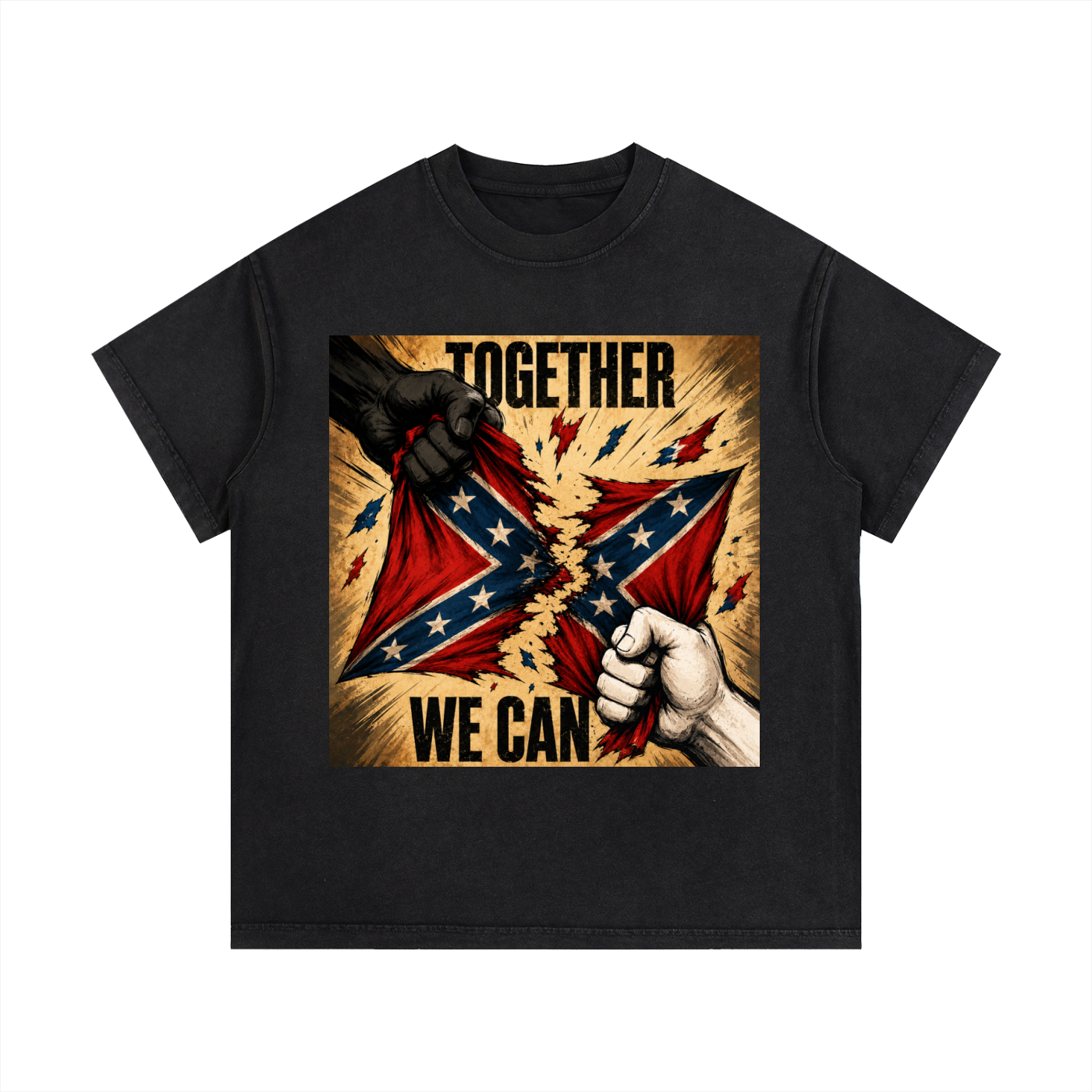 Vintage Wash Cotton T-Shirt - A bold unity graphic tee featuring distressed artwork, clenched fists, and the message “Together We Can.” Designed for those who believe progress starts when people stand together.