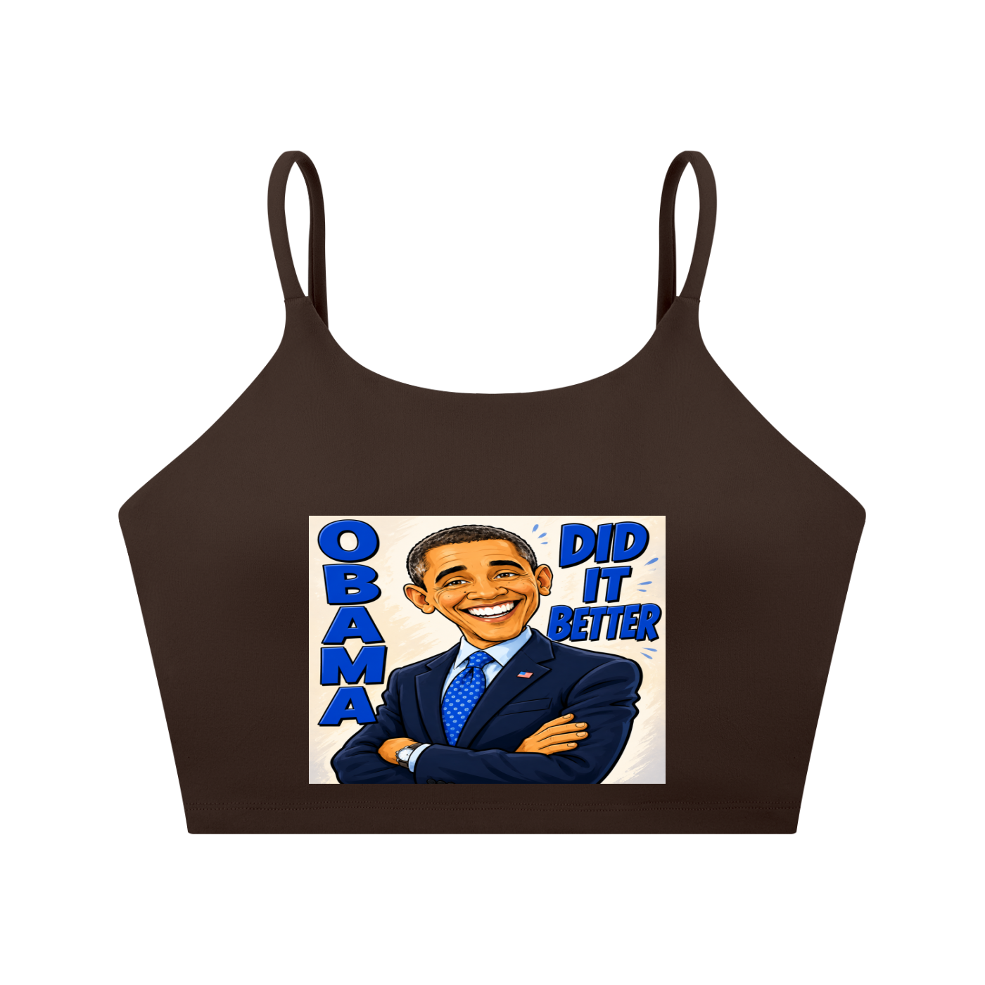 Spaghetti Strap Yoga Sports Bra - A bold comic-style Obama Did It Better graphic tee featuring bright blue lettering, a confident illustrated design, and a statement-making look perfect for everyday streetwear.