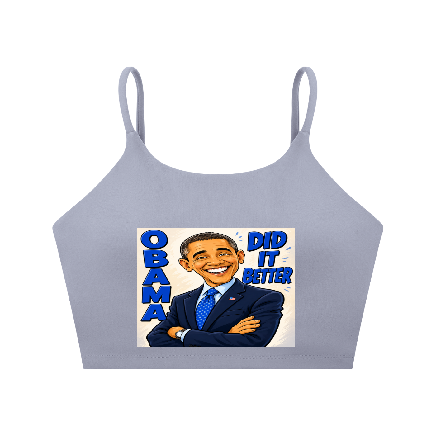 Spaghetti Strap Yoga Sports Bra - A bold comic-style Obama Did It Better graphic tee featuring bright blue lettering, a confident illustrated design, and a statement-making look perfect for everyday streetwear.