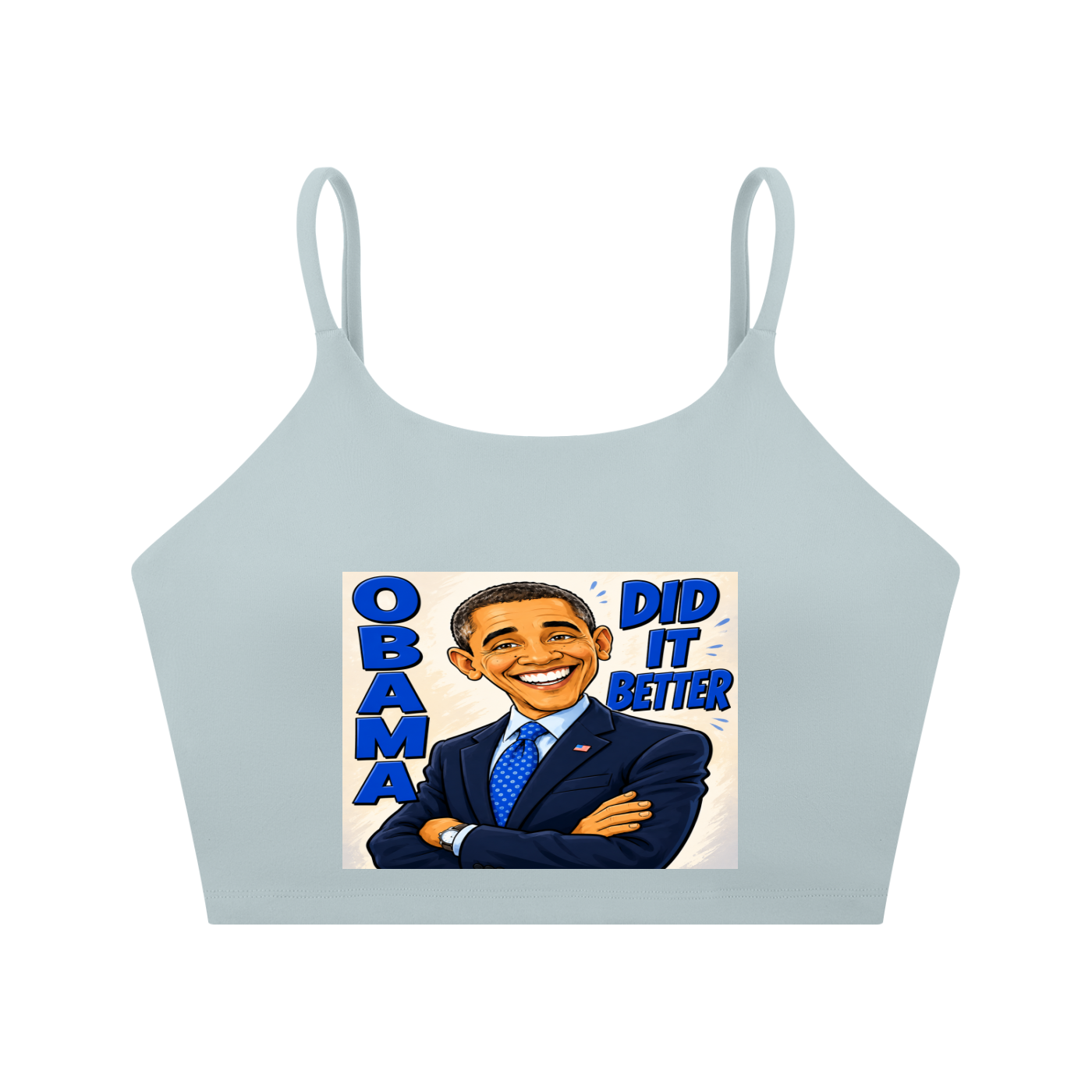 Spaghetti Strap Yoga Sports Bra - A bold comic-style Obama Did It Better graphic tee featuring bright blue lettering, a confident illustrated design, and a statement-making look perfect for everyday streetwear.