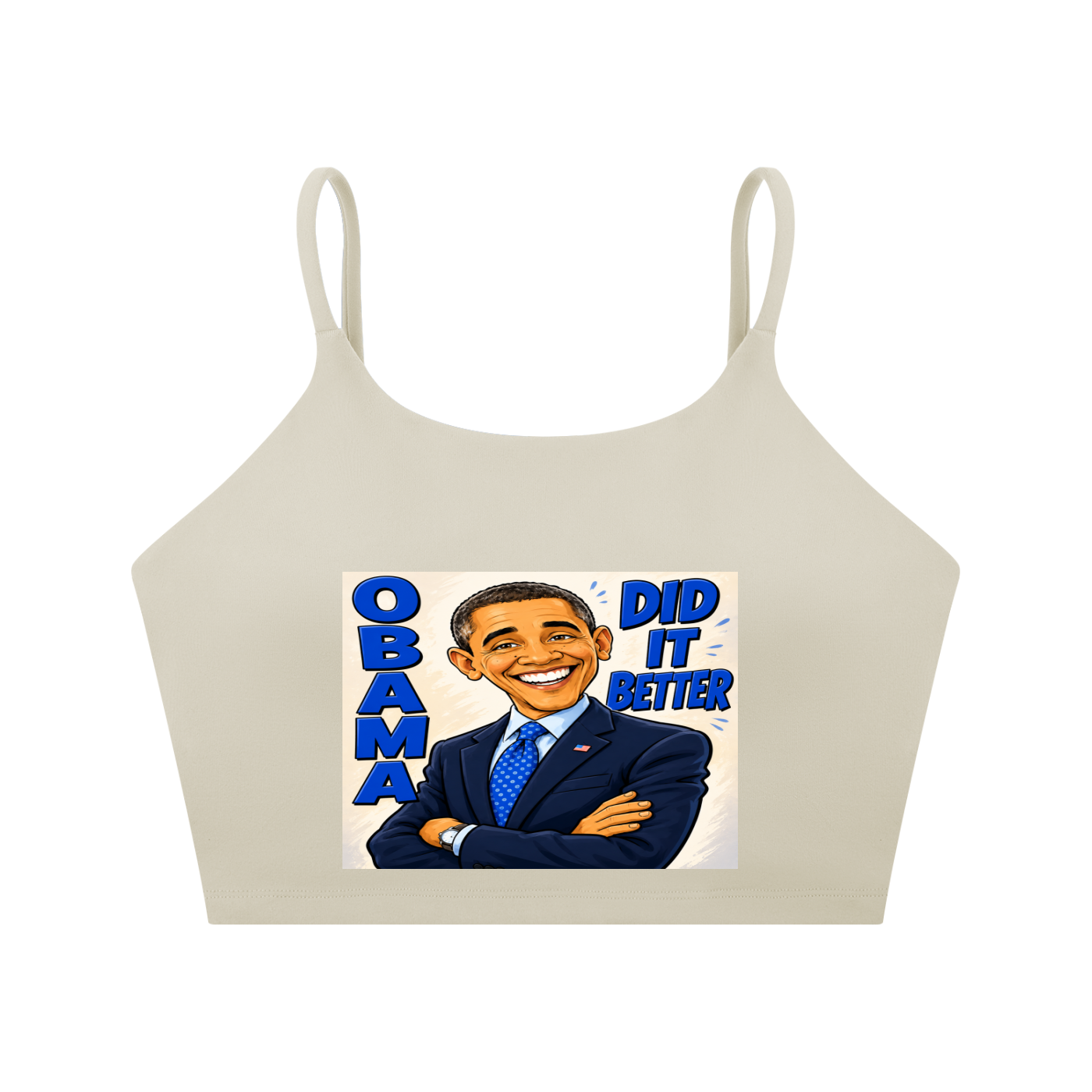 Spaghetti Strap Yoga Sports Bra - A bold comic-style Obama Did It Better graphic tee featuring bright blue lettering, a confident illustrated design, and a statement-making look perfect for everyday streetwear.