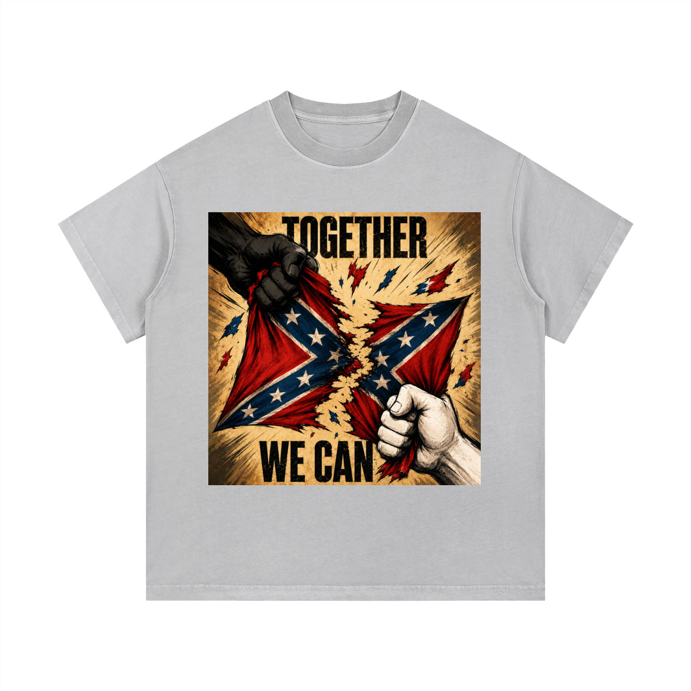 Vintage Wash Cotton T-Shirt - A bold unity graphic tee featuring distressed artwork, clenched fists, and the message “Together We Can.” Designed for those who believe progress starts when people stand together.