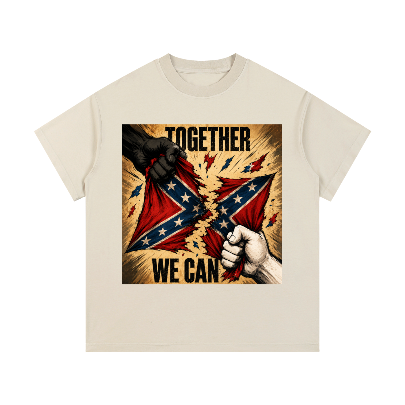 Vintage Wash Cotton T-Shirt - A bold unity graphic tee featuring distressed artwork, clenched fists, and the message “Together We Can.” Designed for those who believe progress starts when people stand together.